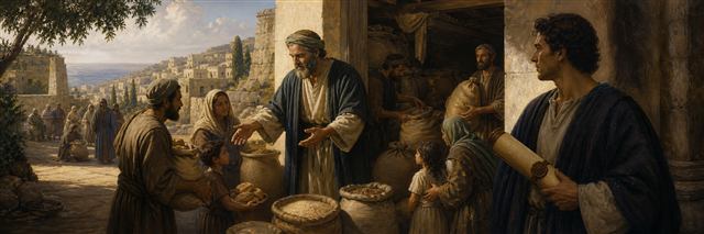 A prosperous believer sharing grain with families as Timothy holds a sealed scroll nearby